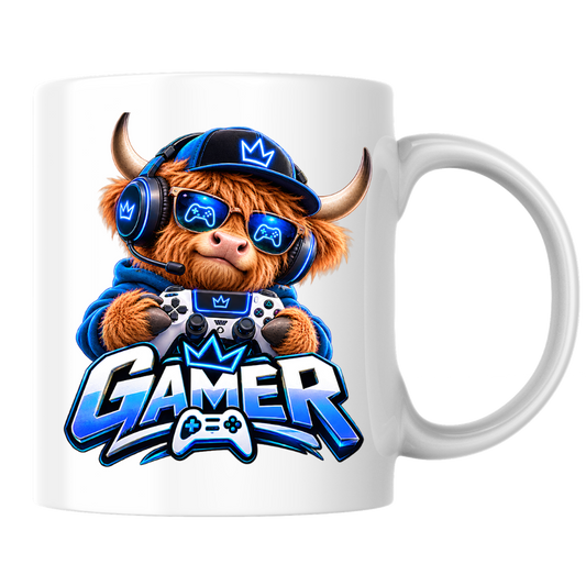 Gaming Mug "Gamer" Highland Cow Gamer 325ml Ceramic Coffee Mug – Cute Highland Cow Gamer in Blue Hoodie & Headset with Controller Art | Video Game Gift | Fast Dispatch by UK Seller (M3347)