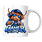 Gaming Mug "Gamer" Highland Cow Gamer 325ml Ceramic Coffee Mug – Cute Highland Cow Gamer in Blue Hoodie & Headset with Controller Art | Video Game Gift | Fast Dispatch by UK Seller (M3347)