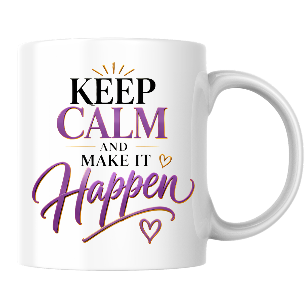 Motivational Mug "Keep Calm And Make It Happen" 325ml Ceramic Coffee Tea Cup – Purple & Gold Typography, Sunburst & Heart Slogan Novelty Gift for Friends, Colleagues, Birthday – Fast Dispatch by UK Seller (M3494)