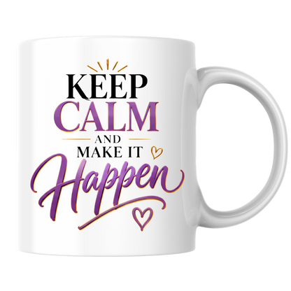 Motivational Mug "Keep Calm And Make It Happen" 325ml Ceramic Coffee Tea Cup – Purple & Gold Typography, Sunburst & Heart Slogan Novelty Gift for Friends, Colleagues, Birthday – Fast Dispatch by UK Seller (M3494)