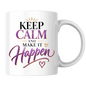 Motivational Mug "Keep Calm And Make It Happen" 325ml Ceramic Coffee Tea Cup – Purple & Gold Typography, Sunburst & Heart Slogan Novelty Gift for Friends, Colleagues, Birthday – Fast Dispatch by UK Seller (M3494)
