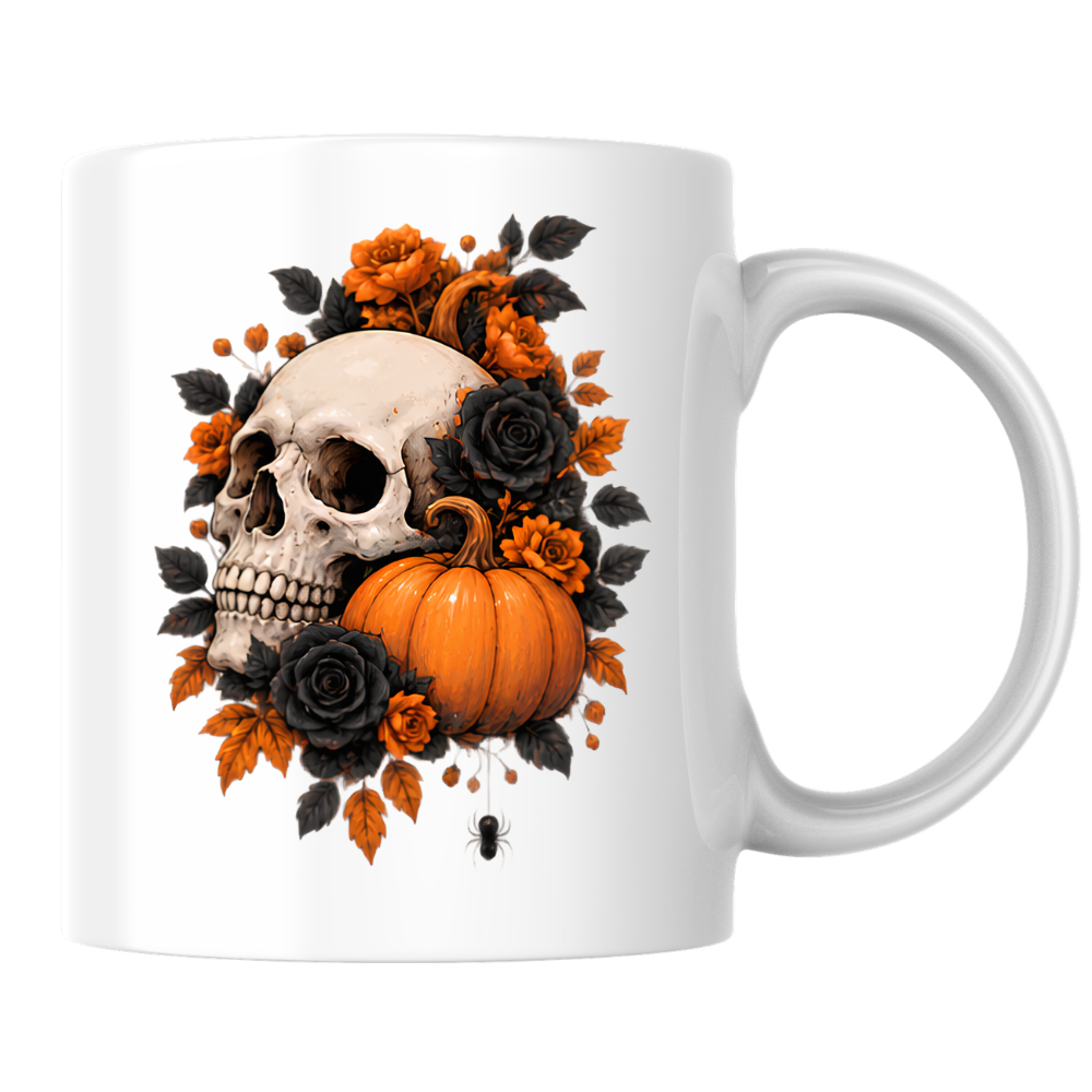 Halloween Mug "Floral Skull & Orange Pumpkin" Floral Skull and Orange Pumpkin 325ml Ceramic Coffee Mug – Gothic Halloween Autumn Tea Cup With Detailed Human Skull Roses Spider Graphic Gift | Available in Multicolours | Fast Dispatch by UK Seller (M3226)