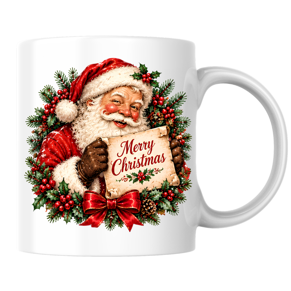 Vintage Santa Scroll Christmas Mug "Merry Christmas" Vintage Santa Claus Holding Merry Christmas Scroll 325ml Ceramic Coffee Mug – Jolly Father Christmas with Festive Wreath, Red Bow & Pine Branches | Holiday Gift | Fast Dispatch by UK Seller (M3440)