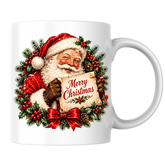 Vintage Santa Scroll Christmas Mug "Merry Christmas" Vintage Santa Claus Holding Merry Christmas Scroll 325ml Ceramic Coffee Mug – Jolly Father Christmas with Festive Wreath, Red Bow & Pine Branches | Holiday Gift | Fast Dispatch by UK Seller (M3440)