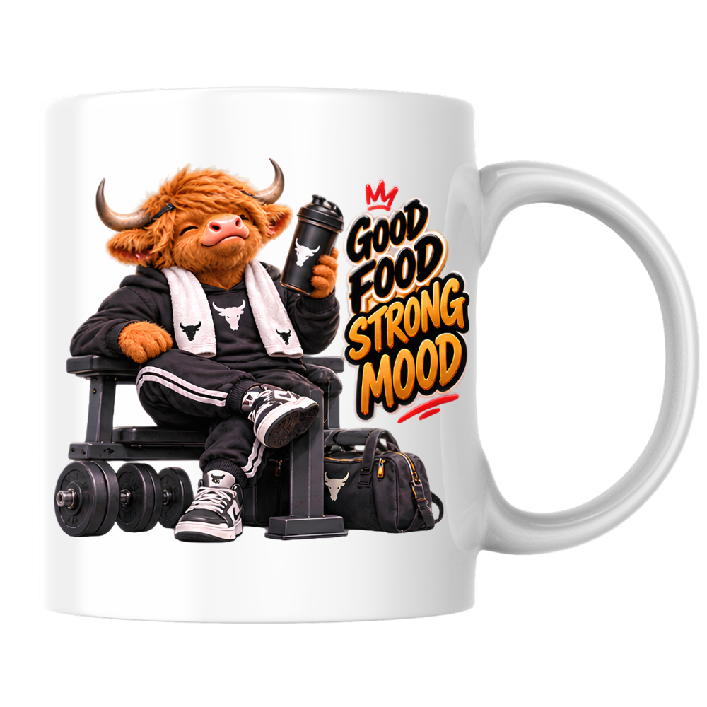 Gym Mug "Good Food Strong Mood Highland Cow" Good Food Strong Mood 325ml Ceramic Coffee Mug – Muscular Highland Cow on Bench with Shaker & Barbells Gym Fitness Gift | Available in Multicolours | Fast Dispatch by UK Seller (M3275)