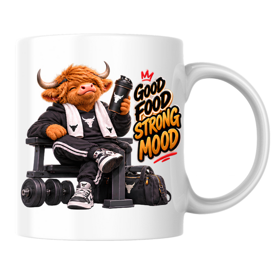 Gym Mug "Good Food Strong Mood Highland Cow" Good Food Strong Mood 325ml Ceramic Coffee Mug – Muscular Highland Cow on Bench with Shaker & Barbells Gym Fitness Gift | Available in Multicolours | Fast Dispatch by UK Seller (M3275)