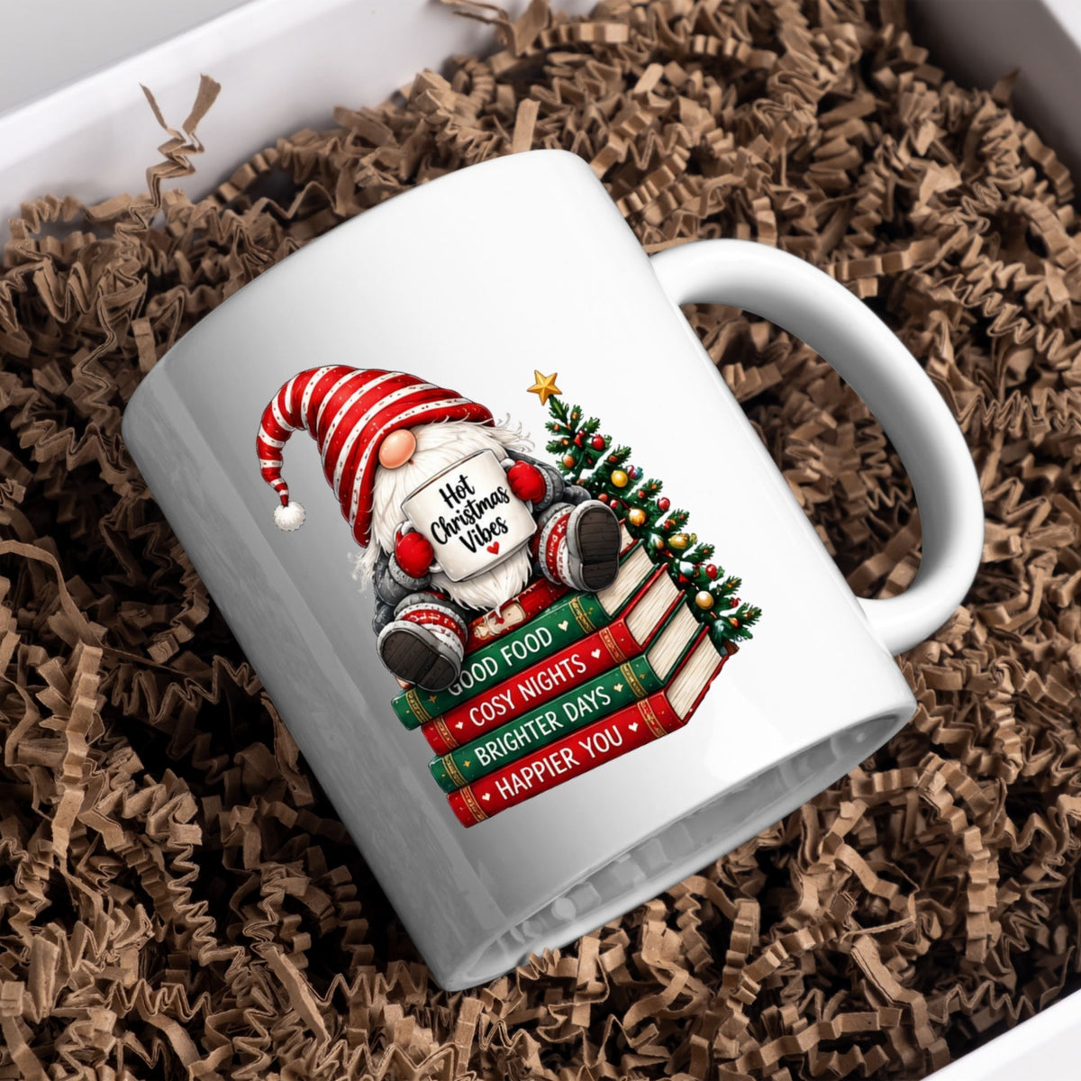 Cozy Mug "Hot Christmas Vibes" Gnome 325ml Ceramic Coffee Mug Festive Winter Holiday Tea Cup with Stack of Books & Striped Hat Gift | Available in Multicolours | Fast Dispatch by UK Seller (M1255)