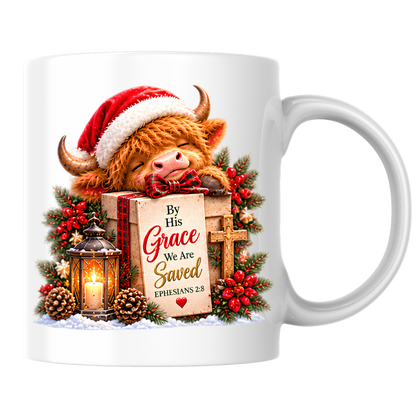 Christmas Mug "By His Grace We Are Saved Highland Cow" By His Grace We Are Saved Ephesians 2:8 325ml Ceramic Mug – Festive Highland Cow Mug With Gift Box Cross Lantern Christian Holiday Gift | Available in Multicolours | Fast Dispatch by UK Seller (M3309)