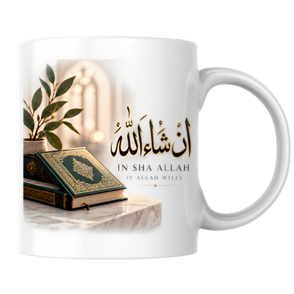 Islamic Mug "In Sha Allah If Allah Wills" 325ml Ceramic Coffee Tea Cup – Gold Arabic Calligraphy Script, Holy Quran Books & Plant Religious Faith Gift for Muslims, Eid Mubarak, Ramadan – Fast Dispatch by UK Seller (M3483)