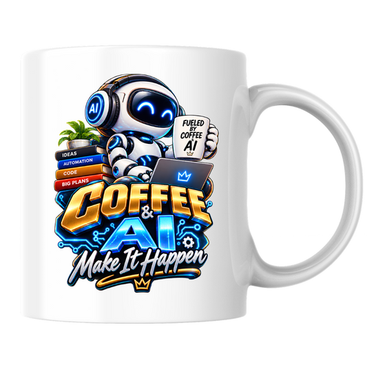 Tech Mug "Coffee & AI Make It Happen" Coffee & AI Make It Happen 325ml Ceramic Coffee Mug – Funny Robot Programmer Mug with Fueled By Coffee & AI & Tech Books | Gift for Developers | Fast Dispatch by UK Seller (M3327)
