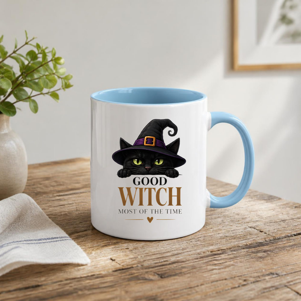 Halloween Mug "GOOD WITCH MOST OF THE TIME" Black Cat 325ml Ceramic Coffee Mug Peeking Black Cat Tea Cup with Purple Witch Hat & Heart Graphic Gift | Available in Multicolours | Fast Dispatch by UK Seller (M3079)