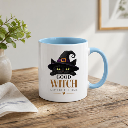 Halloween Mug "GOOD WITCH MOST OF THE TIME" Black Cat 325ml Ceramic Coffee Mug Peeking Black Cat Tea Cup with Purple Witch Hat & Heart Graphic Gift | Available in Multicolours | Fast Dispatch by UK Seller (M3079)