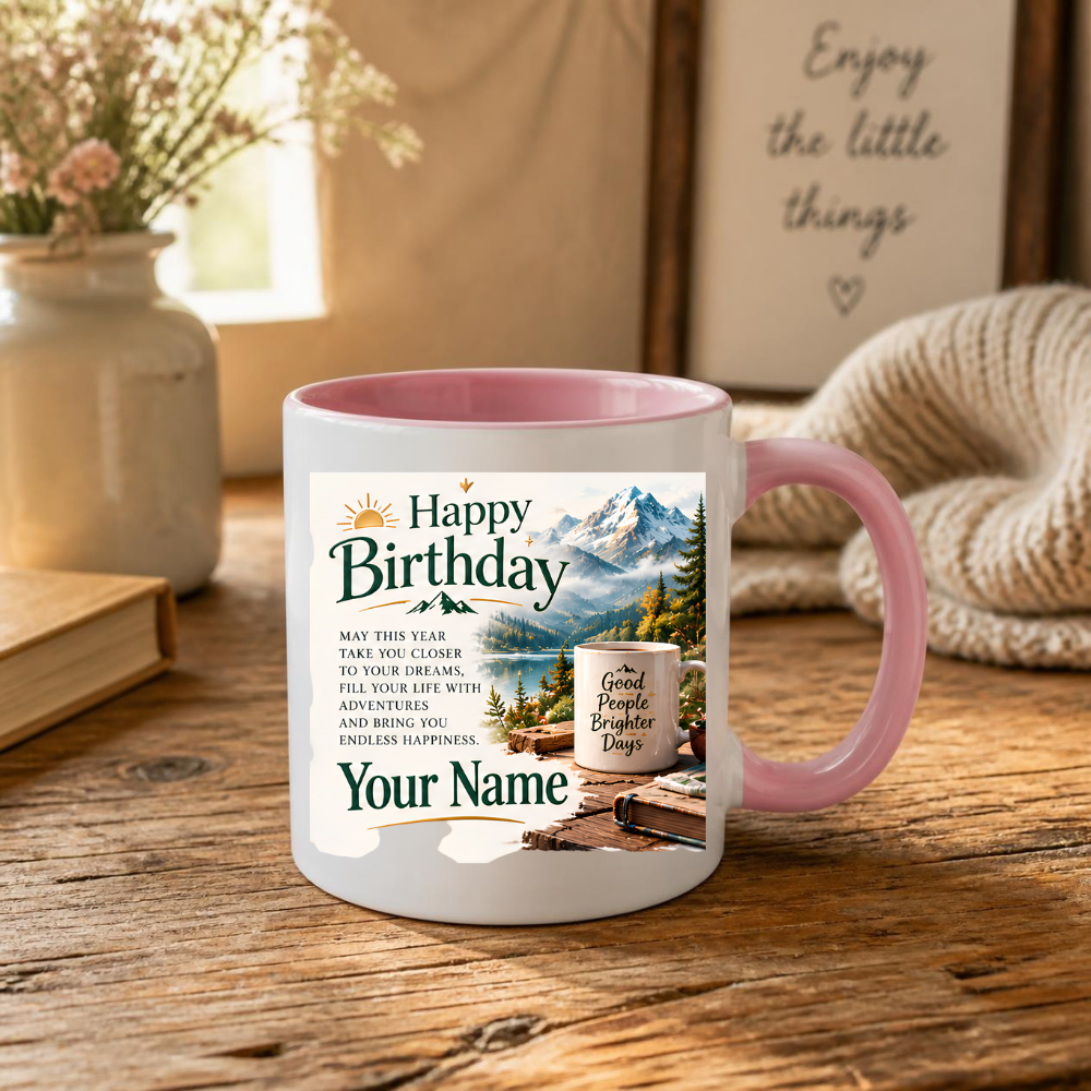 Personalised Birthday Mug "Happy Birthday" 325ml Ceramic Coffee Tea Cup – Mountain Landscape, Scenic View, Custom Name & Adventure Wish Slogan Novelty Gift for Travelers, Men, Women, Birthday – Fast Dispatch by UK Seller (M3513)