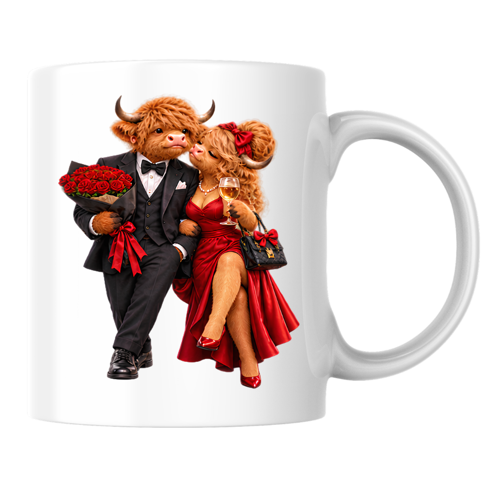 Romantic Mug "Romantic Highland Cow Couple Date Night" Romantic Highland Cow Couple 325ml Ceramic Coffee Mug – Elegant Evening Date Tea Cup With Black Tuxedo Red Evening Gown Graphic Gift | Available in Multicolours | Fast Dispatch by UK Seller (M3192)