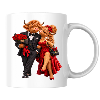 Romantic Mug "Romantic Highland Cow Couple Date Night" Romantic Highland Cow Couple 325ml Ceramic Coffee Mug – Elegant Evening Date Tea Cup With Black Tuxedo Red Evening Gown Graphic Gift | Available in Multicolours | Fast Dispatch by UK Seller (M3192)
