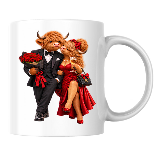 Romantic Mug "Romantic Highland Cow Couple Date Night" Romantic Highland Cow Couple 325ml Ceramic Coffee Mug – Elegant Evening Date Tea Cup With Black Tuxedo Red Evening Gown Graphic Gift | Available in Multicolours | Fast Dispatch by UK Seller (M3192)