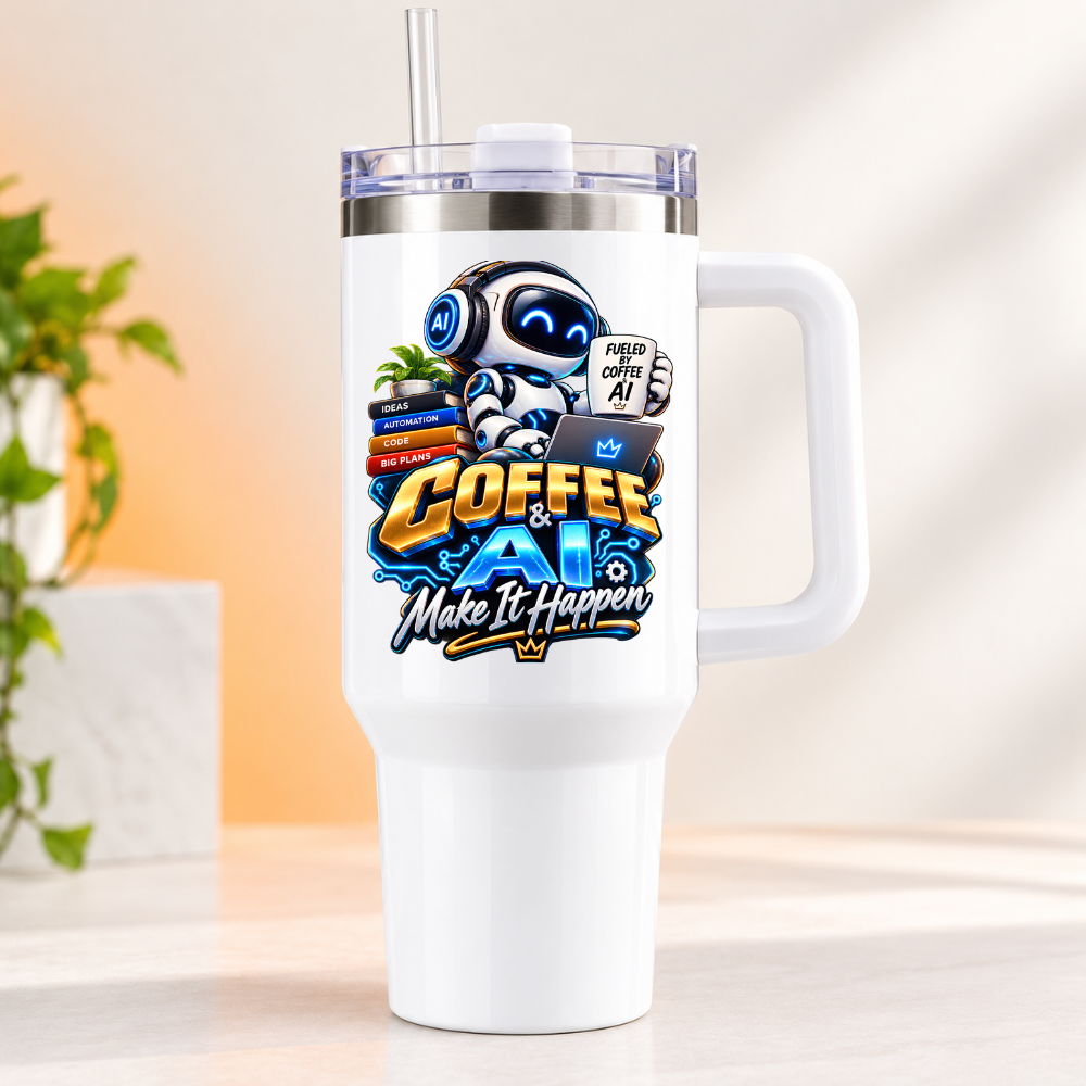 Funny Tech Travel Tumbler "COFFEE & AI Make It Happen" Graphic 40oz Stainless Steel Insulated Travel Mug with Handle & Straw – Robot with Laptop, Mug & Stacked Books Novelty Gift for Coders & Office | Fast Dispatch by UK Seller (T3051)