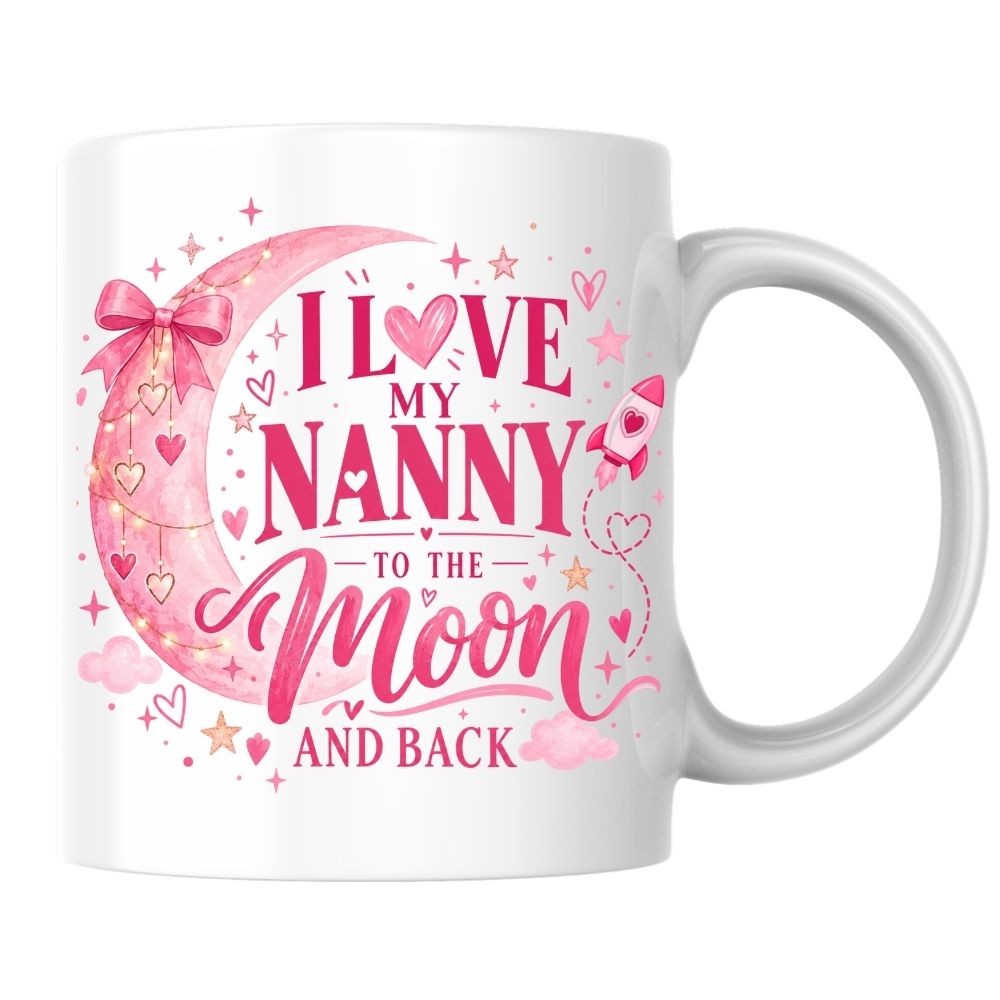 Cute Mug "I Love My Nanny to the Moon and Back" Pink Moon & Stars Ceramic Coffee Cup 350ml, Heartwarming Nan Grandma Grandmother Gift from Granddaughter Grandson, Birthday Christmas Mothers Day Stocking Filler | Fast Dispatch by UK Seller (M1129)