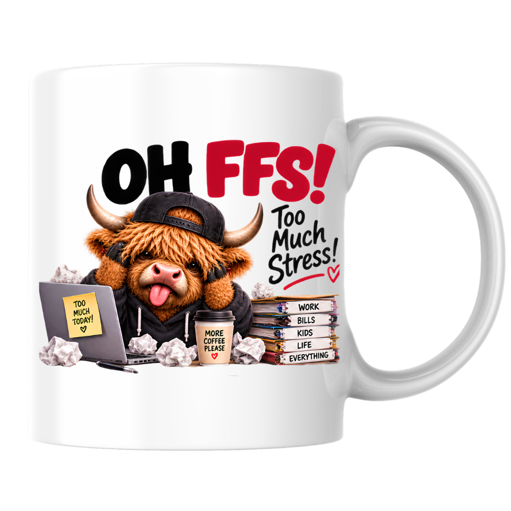 Highland Cow Workplace Stress Mug "OH FFS! Too Much Stress!" Oh Ffs! Too Much Stress! 325ml Ceramic Coffee Mug – Cute Highland Cow at Laptop Desk with Paper Stack, Sticky Notes & Coffee Cup | Funny Office & Work Gift | Fast Dispatch by UK Seller (M3381)
