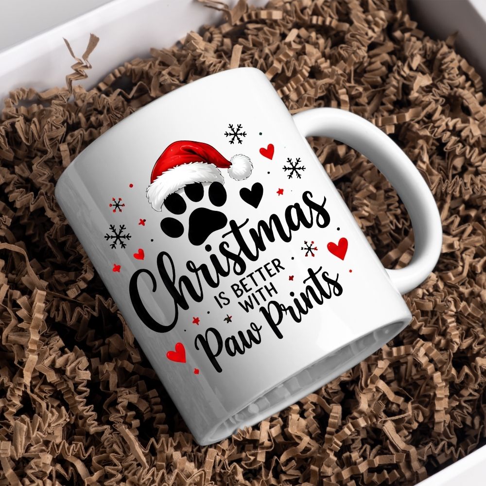 Festive Mug "Christmas is Better with Paw Prints" Santa Hat 325ml Ceramic Coffee Mug Cute Winter Holiday Tea Cup with Dog & Cat Paw, Hearts and Snowflakes | Available in Multicolours | Fast Dispatch by UK Seller (M1273)