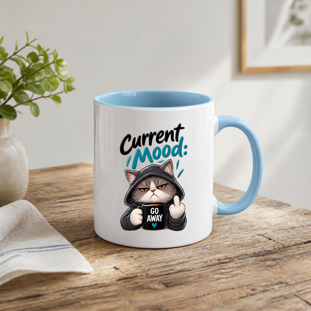 Sarcastic Mug "CURRENT MOOD: GO AWAY" Hooded Cat 325ml Ceramic Coffee Mug Novelty Grumpy Cat Tea Cup with Middle Finger & "GO AWAY" Mug Graphic Gift | Available in Multicolours | Fast Dispatch by UK Seller (M3087)