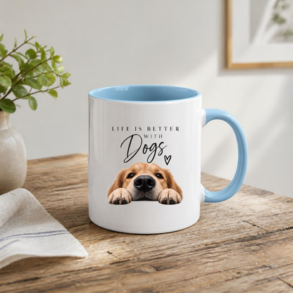 Dog Lover Mug "LIFE IS BETTER WITH Dogs" Golden Retriever 325ml Ceramic Coffee Mug Cute Puppy Tea Cup with Peeking Dog & Paw Graphic Gift | Available in Multicolours | Fast Dispatch by UK Seller (M3009)