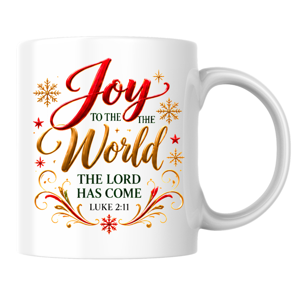 Christmas Mug "Joy To The World Luke 2:11" Joy To The World 325ml Ceramic Coffee Mug – Christian Christmas Bible Verse Mug with Gold Snowflakes Calligraphy Religious Holiday Gift | Available in Multicolours | Fast Dispatch by UK Seller (M3295)