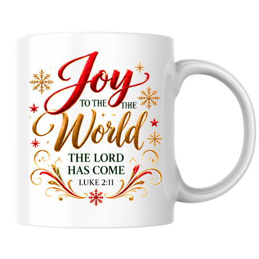 Christmas Mug "Joy To The World Luke 2:11" Joy To The World 325ml Ceramic Coffee Mug – Christian Christmas Bible Verse Mug with Gold Snowflakes Calligraphy Religious Holiday Gift | Available in Multicolours | Fast Dispatch by UK Seller (M3295)