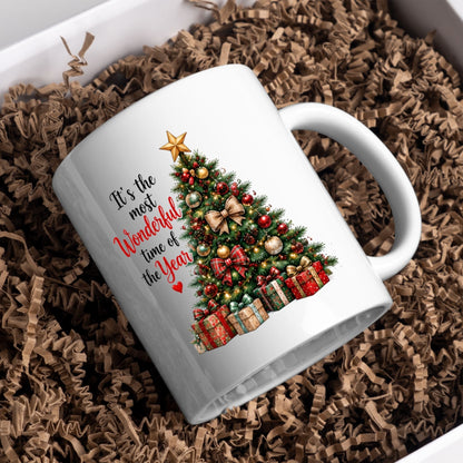 Festive Mug "It's the Most Wonderful Time of the Year" Christmas Tree 325ml Ceramic Coffee Mug – Classic Holiday Tea Cup with Ornaments, Star Gifts Gift | Available in Multicolours | Fast Dispatch by UK Seller (M1262)