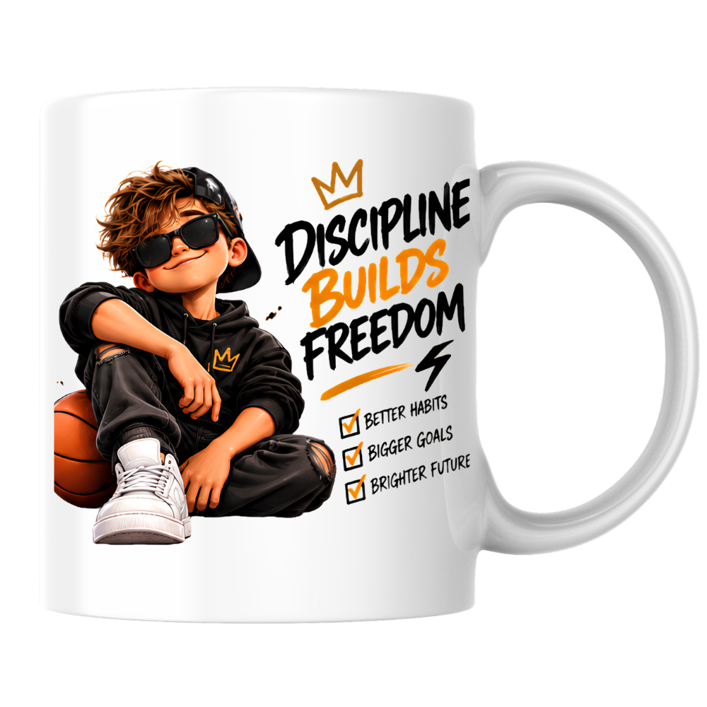Motivational Mug "Discipline Builds Freedom" 325ml Ceramic Coffee Tea Cup – Cool Boy Graphic, Basketball, Habits & Goals Slogan Novelty Gift for Teens, Men, Birthday – Fast Dispatch by UK Seller (M3501)