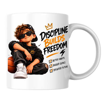 Motivational Mug "Discipline Builds Freedom" 325ml Ceramic Coffee Tea Cup – Cool Boy Graphic, Basketball, Habits & Goals Slogan Novelty Gift for Teens, Men, Birthday – Fast Dispatch by UK Seller (M3501)