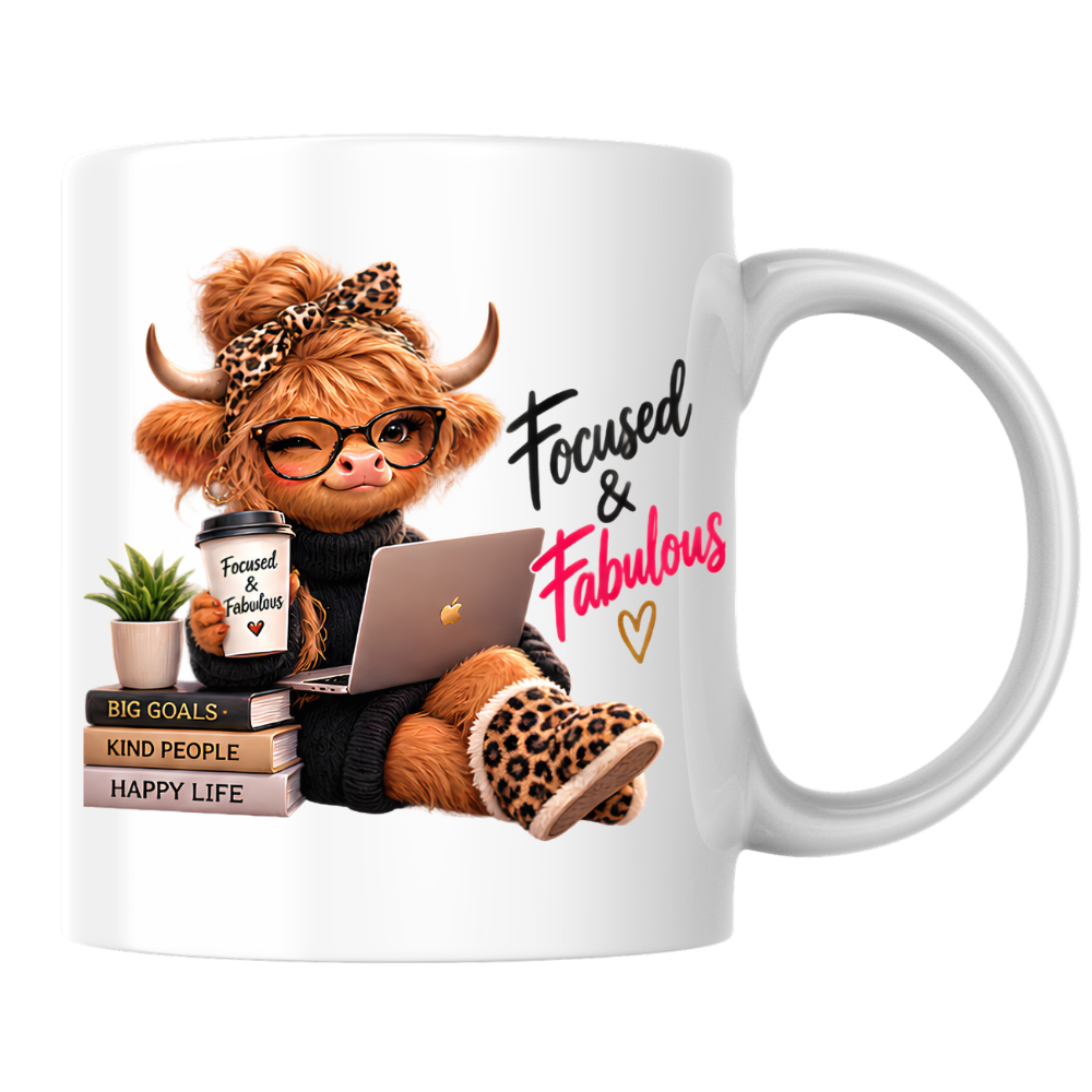 Motivation Mug "Focused & Fabulous Highland Cow" Focused and Fabulous Highland Cow 325ml Ceramic Coffee Mug – Chic Office Desk Tea Cup with Laptop Leopard Slippers Coffee Graphic Gift | Available in Multicolours | Fast Dispatch by UK Seller (M3198)