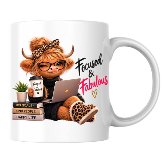 Motivation Mug "Focused & Fabulous Highland Cow" Focused and Fabulous Highland Cow 325ml Ceramic Coffee Mug – Chic Office Desk Tea Cup with Laptop Leopard Slippers Coffee Graphic Gift | Available in Multicolours | Fast Dispatch by UK Seller (M3198)