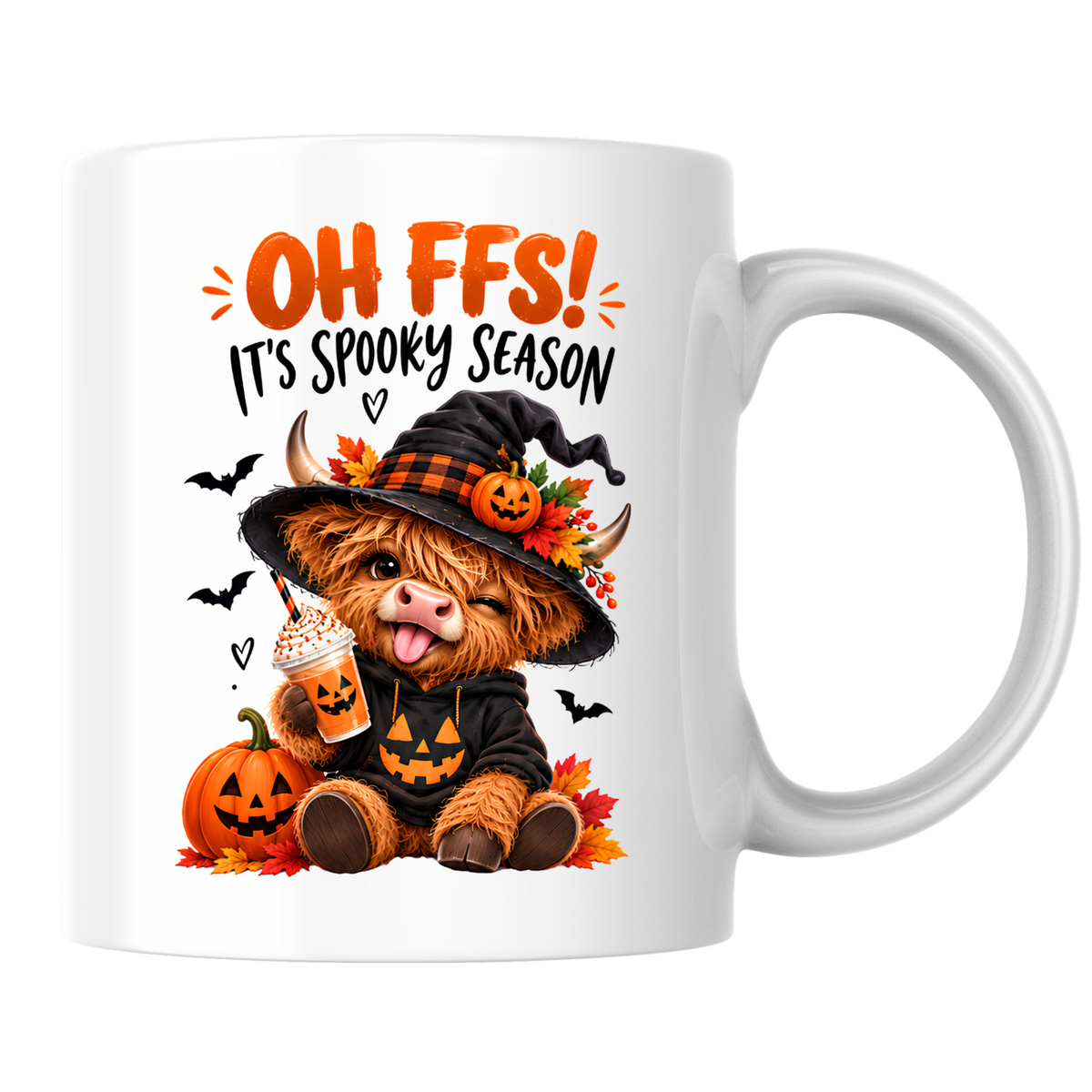 Spooky Season Mug "Oh FFS! It's Spooky Season" Highland Cow Oh Ffs! It's Spooky Season 325ml Ceramic Coffee Mug – Cute Highland Cow in Witch Hat with Pumpkin, Bats & Coffee | Halloween Gift | Fast Dispatch by UK Seller (M3363)