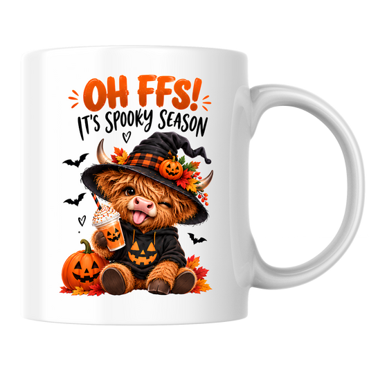 Spooky Season Mug "Oh FFS! It's Spooky Season" Highland Cow Oh Ffs! It's Spooky Season 325ml Ceramic Coffee Mug – Cute Highland Cow in Witch Hat with Pumpkin, Bats & Coffee | Halloween Gift | Fast Dispatch by UK Seller (M3363)