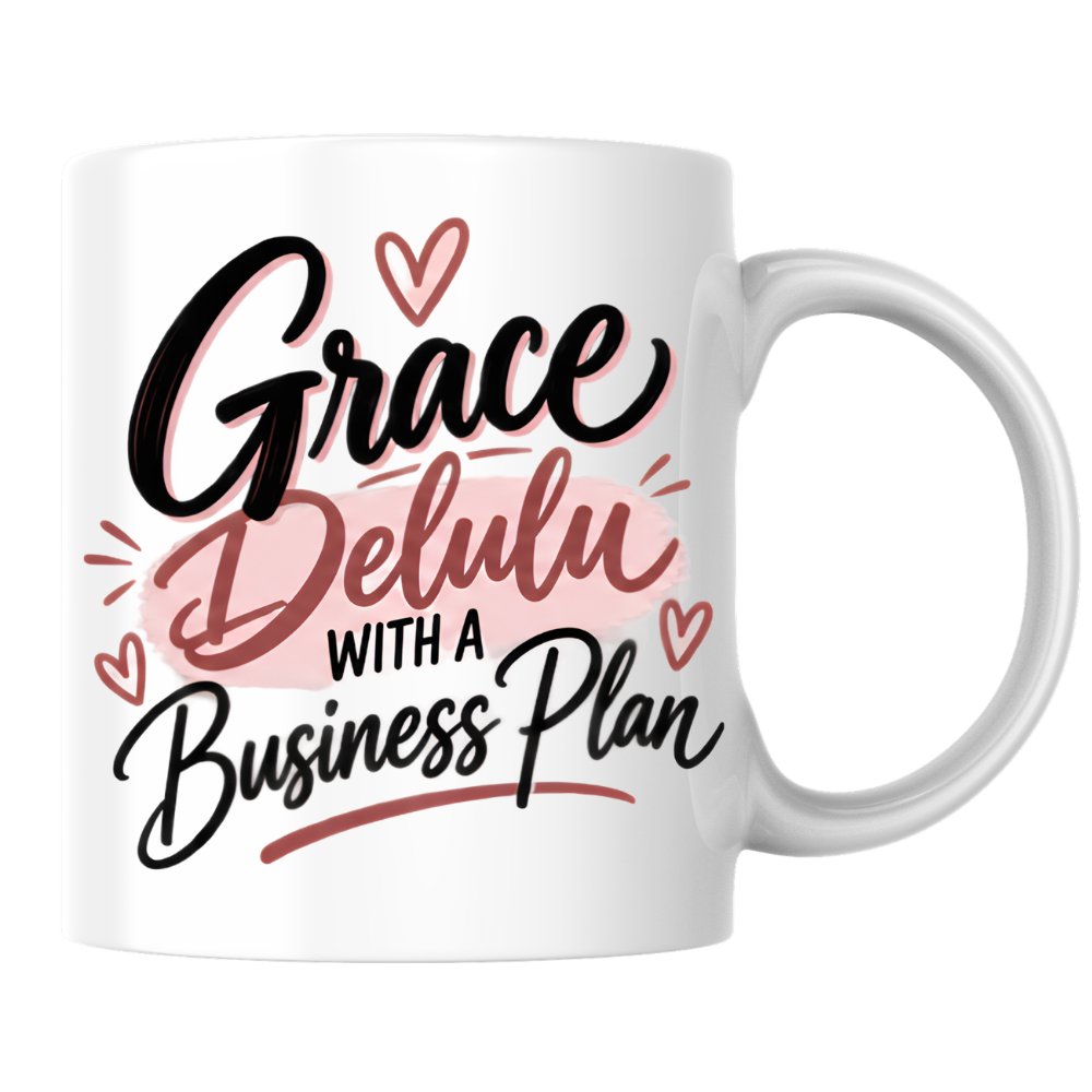 Personalized Name Mug "Grace Delulu With A Business Plan" Grace Delulu With A Business Plan 325ml Ceramic Coffee Mug – Custom Name Typography Slogan with Pink Brushstroke & Hearts | Funny Gift | Fast Dispatch by UK Seller (M3410)