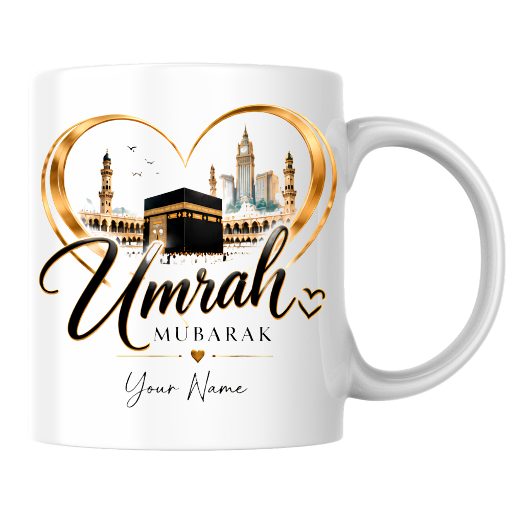Personalised Umrah Mubarak Mug 325ml Ceramic Coffee Tea Cup – Custom Name, Holy Kaaba, Golden Heart Frame & Makkah Skyline Religious Pilgrimage Gift for Family, Friends, Hajj Celebration – Fast Dispatch by UK Seller (M3488)