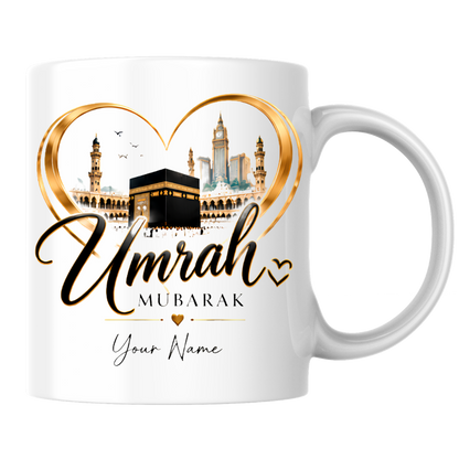 Personalised Umrah Mubarak Mug 325ml Ceramic Coffee Tea Cup – Custom Name, Holy Kaaba, Golden Heart Frame & Makkah Skyline Religious Pilgrimage Gift for Family, Friends, Hajj Celebration – Fast Dispatch by UK Seller (M3488)