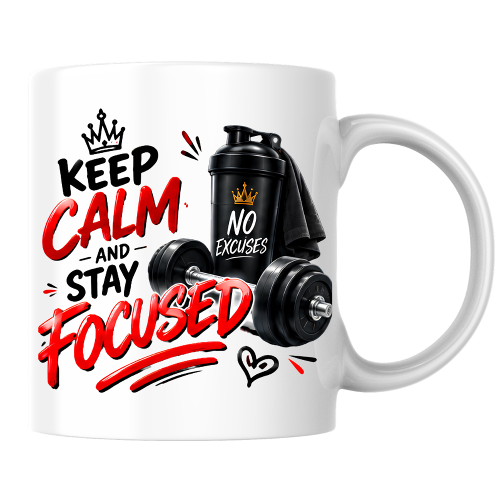 Fitness Mug "Keep Calm And Stay Focused" 325ml Ceramic Coffee Tea Cup – Gym, Dumbbells, Shaker Bottle & Slogan Novelty Gift for Fitness Lovers, Workout Fans, Birthday – Fast Dispatch by UK Seller (M3507)