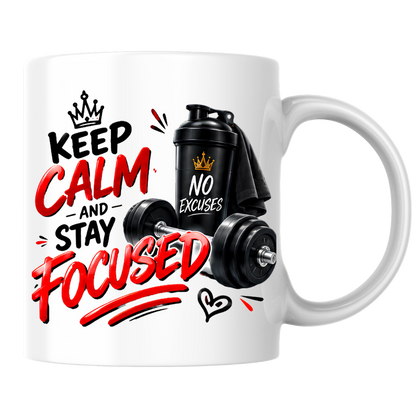 Fitness Mug "Keep Calm And Stay Focused" 325ml Ceramic Coffee Tea Cup – Gym, Dumbbells, Shaker Bottle & Slogan Novelty Gift for Fitness Lovers, Workout Fans, Birthday – Fast Dispatch by UK Seller (M3507)