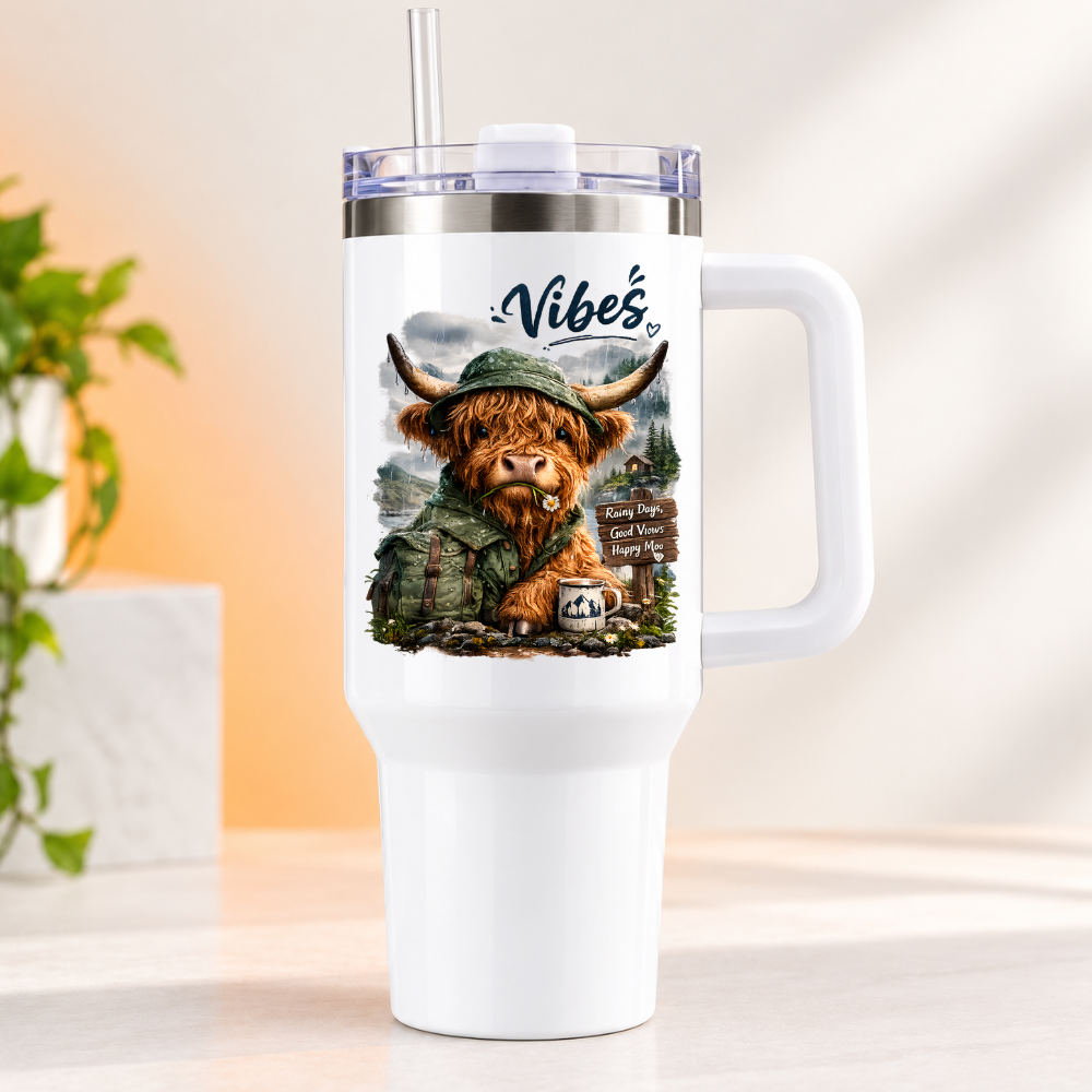 Cute Highland Cow Travel Tumbler "Vibes Rainy Days Good Views Happy Moo" Graphic 40oz Stainless Steel Insulated Travel Mug with Handle & Straw – Hiking Calf in Rain Hat & Jacket Novelty Travel Cup | Fast Dispatch by UK Seller (T3015)