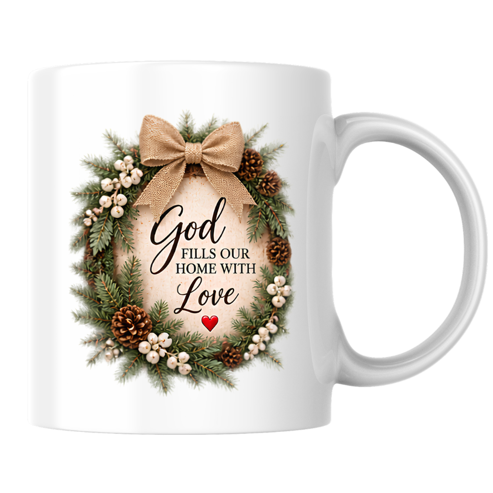 Christmas Mug "God Fills Our Home With Love Rustic Wreath" 325ml Ceramic Coffee Mug – Christian Holiday Wreath Mug With Burlap Bow Pinecones White Berries Rustic Festive Gift | Available in Multicolours | Fast Dispatch by UK Seller (M3301)