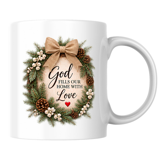 Christmas Mug "God Fills Our Home With Love Rustic Wreath" 325ml Ceramic Coffee Mug – Christian Holiday Wreath Mug With Burlap Bow Pinecones White Berries Rustic Festive Gift | Available in Multicolours | Fast Dispatch by UK Seller (M3301)