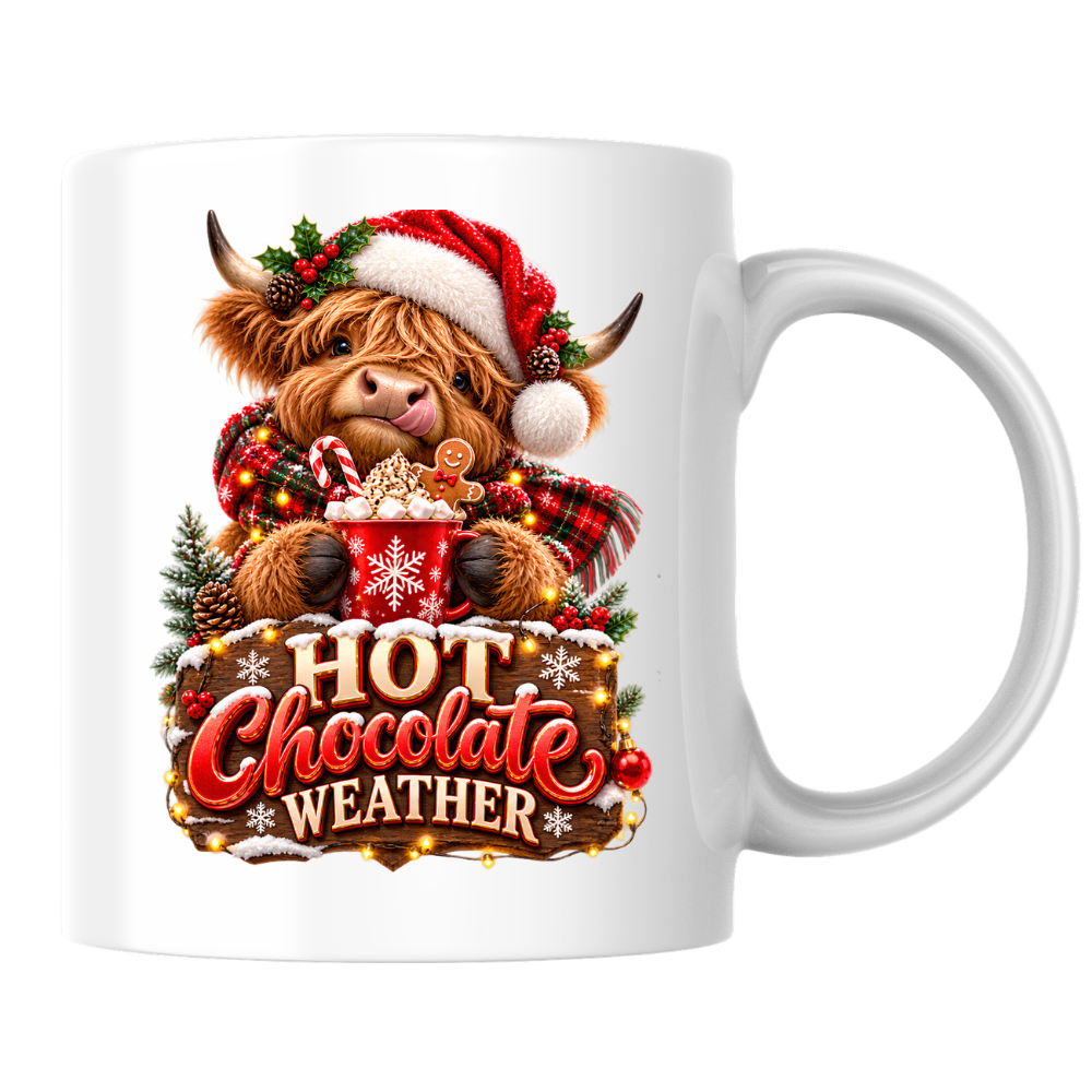 Christmas Mug "Hot Chocolate Weather" Hot Chocolate Weather 325ml Ceramic Coffee Mug – Cute Highland Cow Santa Mug with Gingerbread & Marshmallows | Festive Holiday Christmas Gift | Fast Dispatch by UK Seller (M3335)