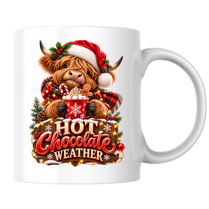 Christmas Mug "Hot Chocolate Weather" Hot Chocolate Weather 325ml Ceramic Coffee Mug – Cute Highland Cow Santa Mug with Gingerbread & Marshmallows | Festive Holiday Christmas Gift | Fast Dispatch by UK Seller (M3335)