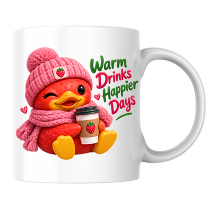 Cozy Mug "Warm Drinks Happier Days Strawberry Duck" 325ml Ceramic Coffee Mug – Cute Winter Strawberry Duck in Pink Beanie Scarf Holding Coffee Cup Cozy Gift For Friends Family | Available in Multicolours | Fast Dispatch by UK Seller (M3250)