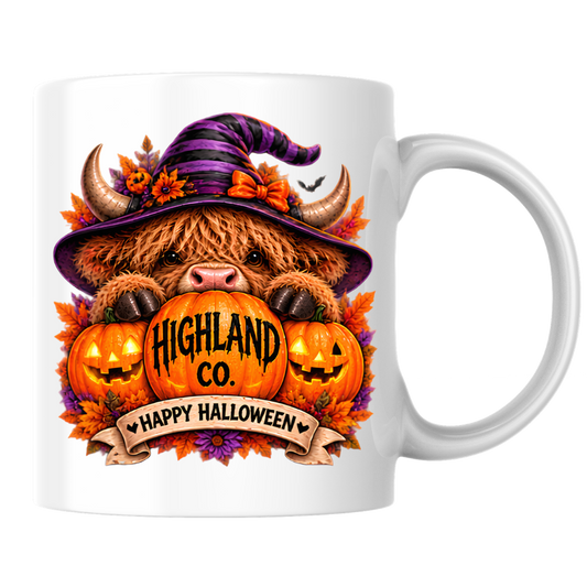 Halloween Mug "Peeking Witch Happy Halloween Banner Highland Co." Peeking Witch Highland Cow 325ml Ceramic Coffee Mug – Cute Halloween Pumpkin Tea Cup With Striped Witch Hat Graphic Gift | Available in Multicolours | Fast Dispatch by UK Seller (M3180)