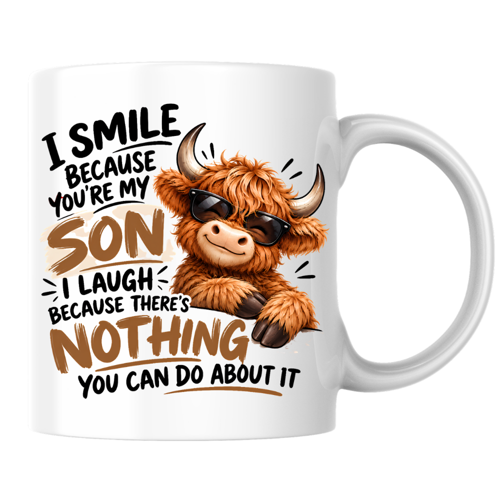 Cool Highland Cow Mug "I Smile Because You're My Son" I Laugh Because There's Nothing You Can Do About It 325ml Ceramic Coffee Mug – Cool Highland Cow in Sunglasses | Funny Father's Day & Birthday Gift for Son | Fast Dispatch by UK Seller (M3459)