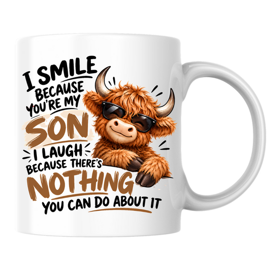 Cool Highland Cow Mug "I Smile Because You're My Son" I Laugh Because There's Nothing You Can Do About It 325ml Ceramic Coffee Mug – Cool Highland Cow in Sunglasses | Funny Father's Day & Birthday Gift for Son | Fast Dispatch by UK Seller (M3459)