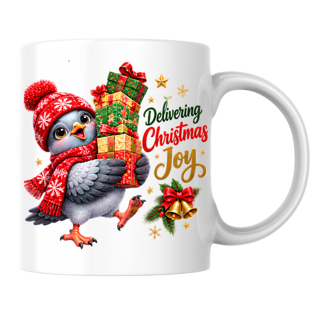 Christmas Mug "Delivering Christmas Joy Cute Bird" 325ml Ceramic Coffee Mug – Adorable Christmas Bird in Red Snowflake Beanie Scarf Carrying Stack Of Festive Gift Boxes Holiday Gift | Available in Multicolours | Fast Dispatch by UK Seller (M3269)